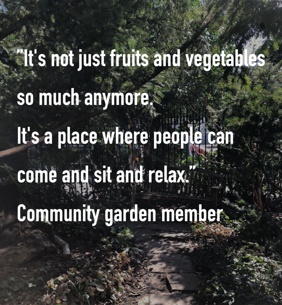 Stone pathway surrounded by lush green trees ending on a black iron fence. Following quote from community garden member is displayed: "It's not just fruits and vegetables anymore, It's a place where people can come and sit and relax. "